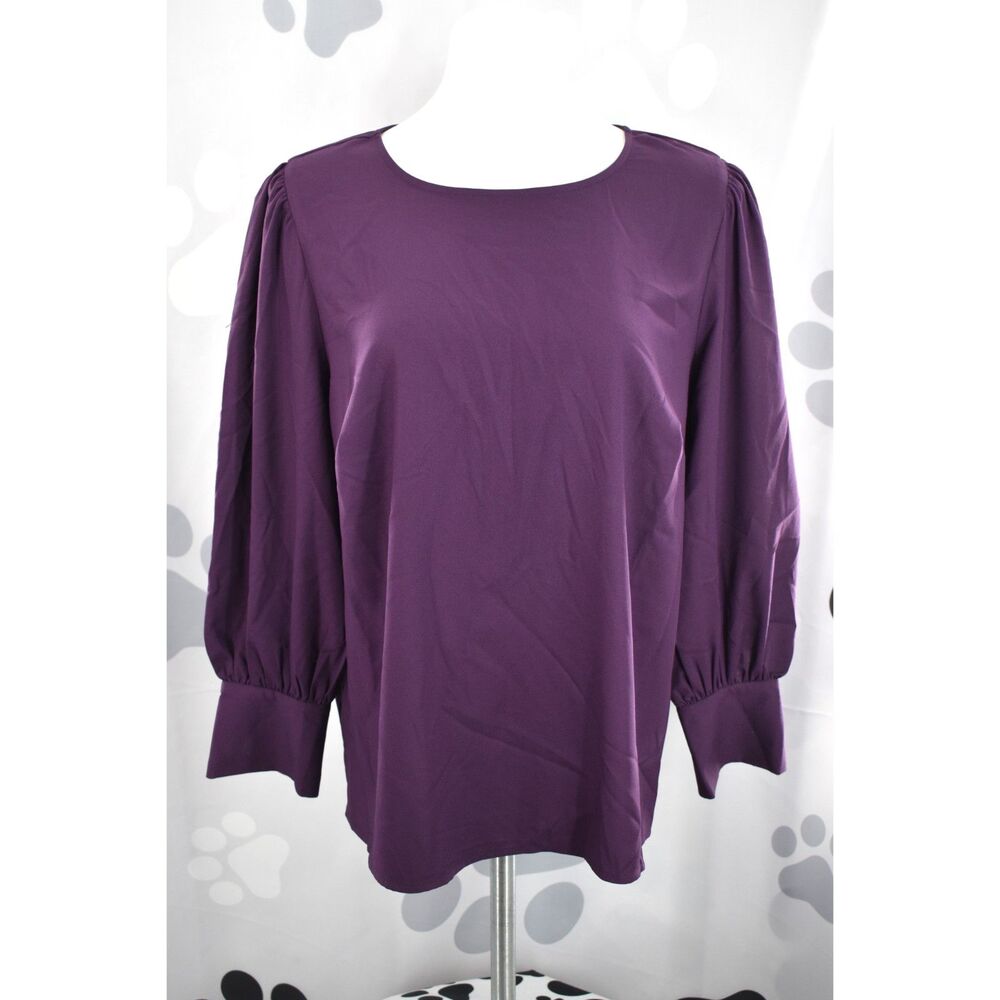 Eloquii Bishop Sleeve Round Neck Plus Size Blouse Back Keyhole Purple Size 14